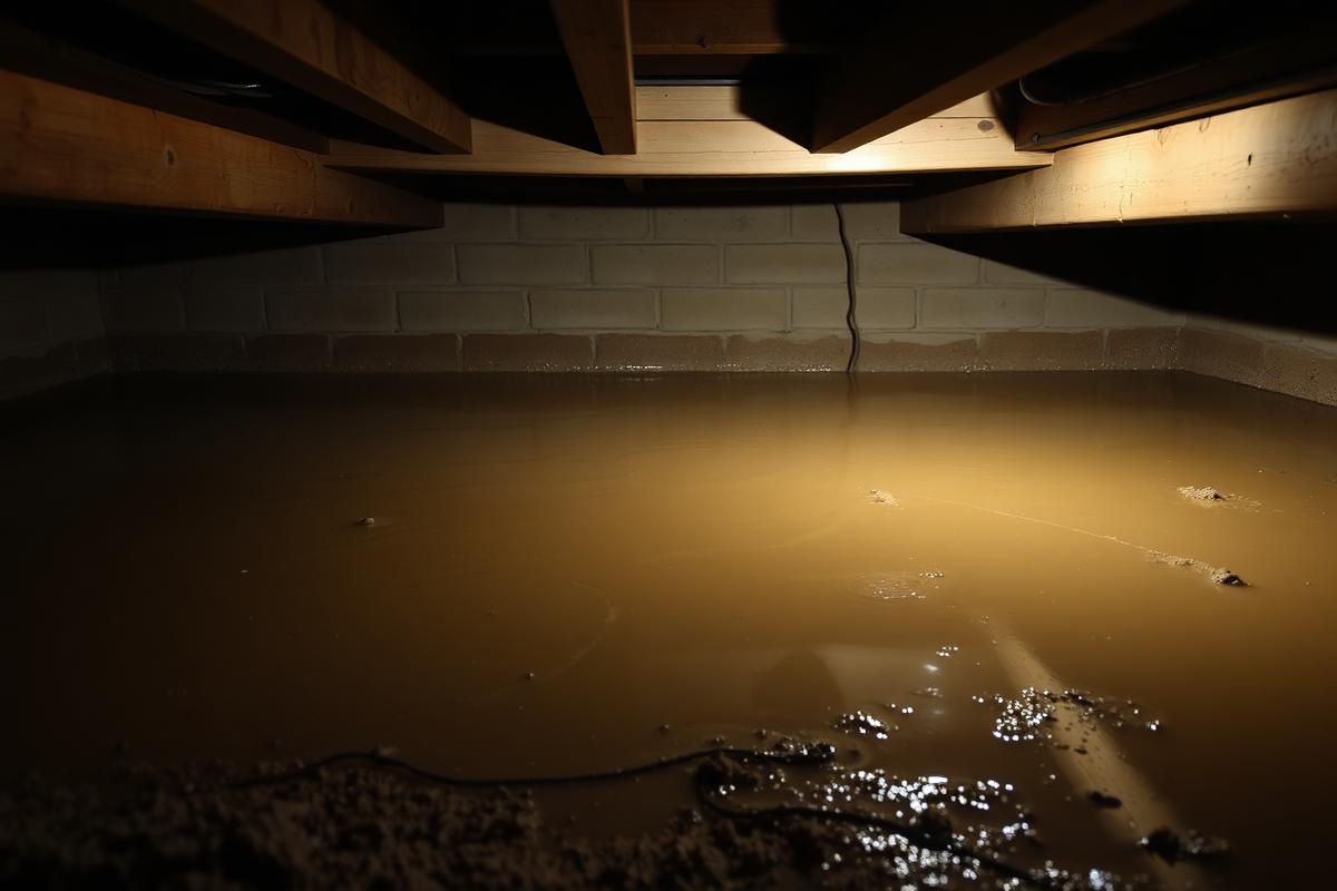 Muddy standing water covering the dirt floor of a crawl space beneath floor joists